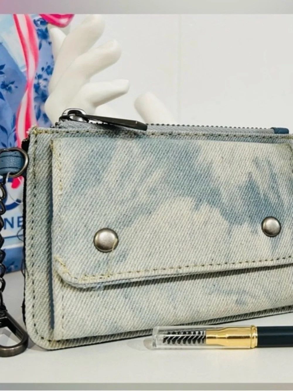 Denim Tie-Dye Mini Wallet Wristlet - Light Blue